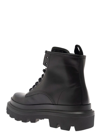 Dolce & Gabbana Black Ankle Boots With Chunky Platform And Logo Plaque In Leather Blend Man In Black