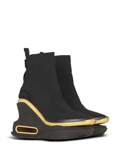 Balmain Bbold Knit Monogram Metallic Wedge Sneakers In Black