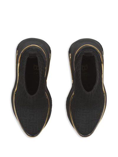 Balmain Bbold Knit Monogram Metallic Wedge Sneakers In Black