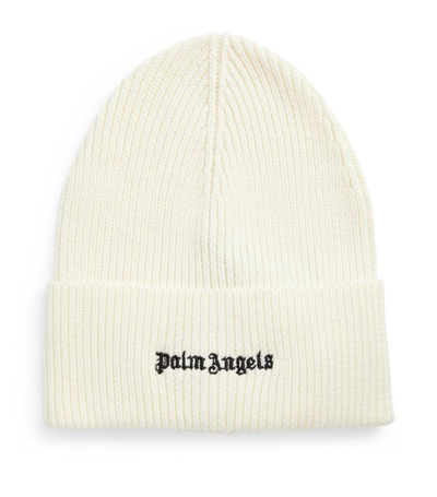 Shop Palm Angels Wool-blend Logo Beanie In White