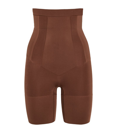 Shop Spanx Oncore High-waist Mid-thigh Shorts In Brown