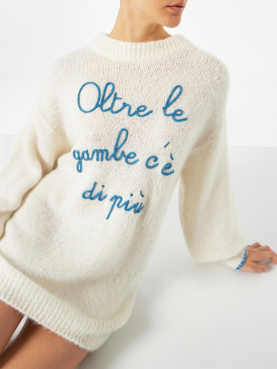 Mc2 Saint Barth Woman Ultra Soft Knit Dress With Oltre Le Gambe Cè Di Più Embroidery Niki Dj Special Edition In White