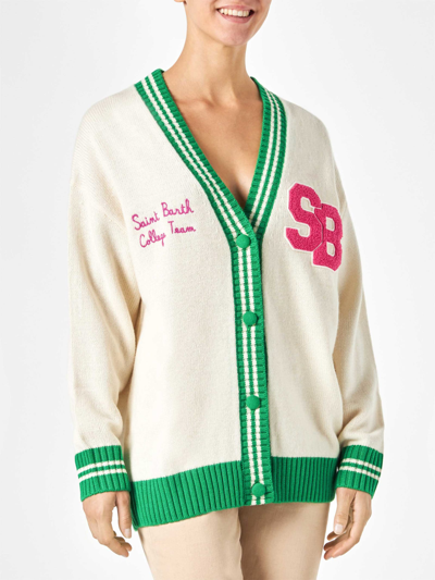 Shop Mc2 Saint Barth Woman White Cardigan With Embroidery In Green