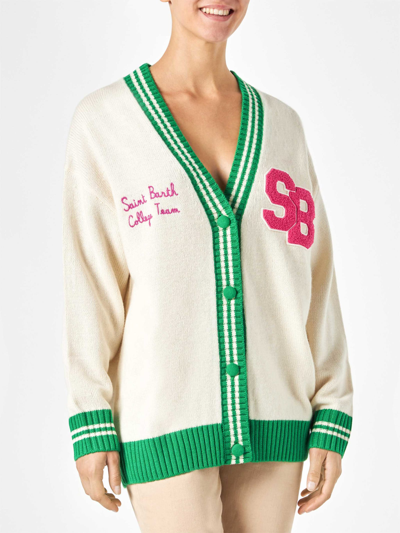 Mc2 Saint Barth Woman White Cardigan With Embroidery In Green