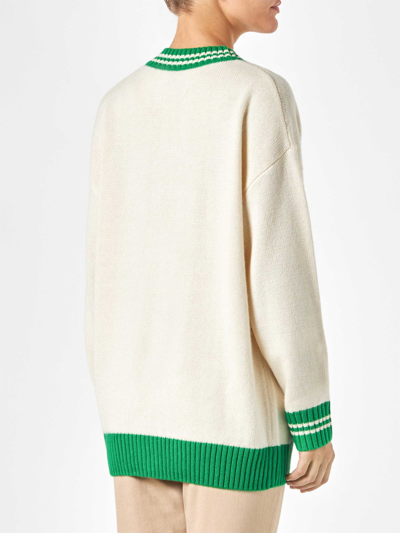 Mc2 Saint Barth Woman White Cardigan With Embroidery In Green