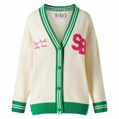 Shop Mc2 Saint Barth Woman White Cardigan With Embroidery In Green