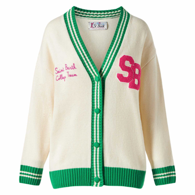 Mc2 Saint Barth Woman White Cardigan With Embroidery In Green