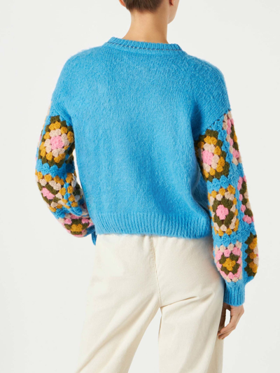 Mc2 Saint Barth Woman Ultra Soft Crewneck With Handmade Crochet Sleeves In Blue
