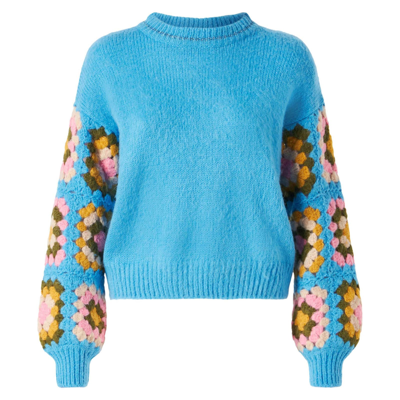 Mc2 Saint Barth Woman Ultra Soft Crewneck With Handmade Crochet Sleeves In Blue