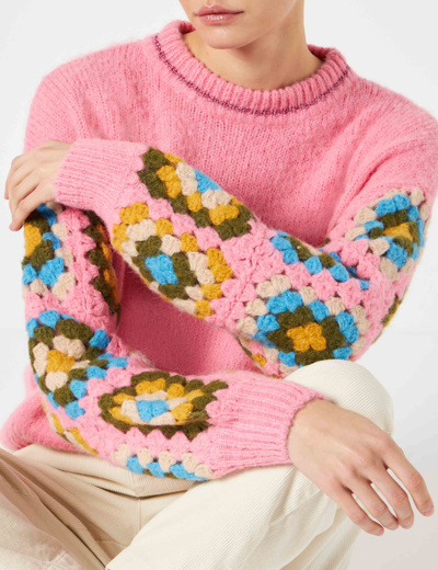 Mc2 Saint Barth Woman Ultra Soft Crewneck Sweater With Handmade Crochet Sleeves In Pink