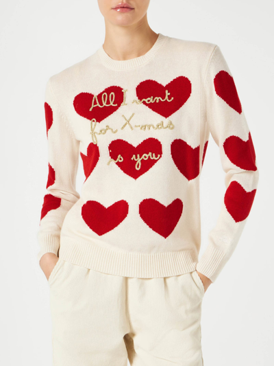 Shop Mc2 Saint Barth Woman Sweater With Heart Print And Embroidery In White