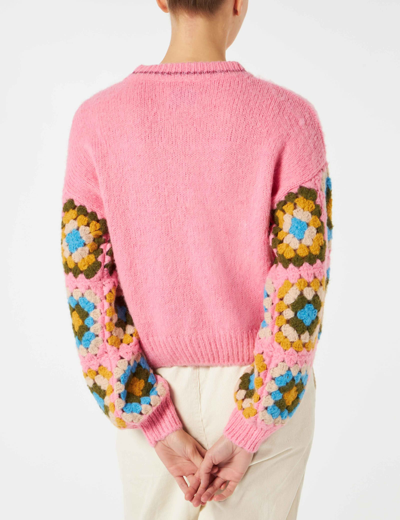 Mc2 Saint Barth Woman Ultra Soft Crewneck Sweater With Handmade Crochet Sleeves In Pink