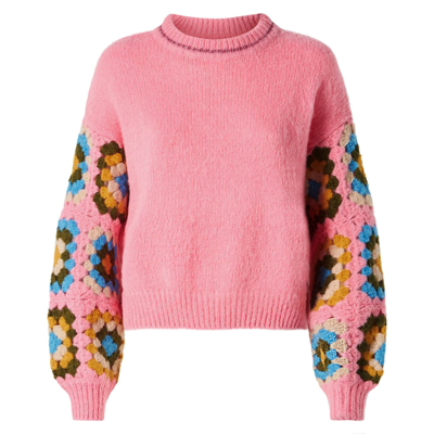 Mc2 Saint Barth Woman Ultra Soft Crewneck Sweater With Handmade Crochet Sleeves In Pink