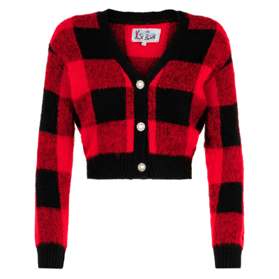 Mc2 Saint Barth Woman Short Cardigan With Jewel Buttons And Tartan Print