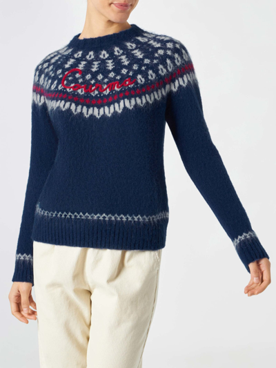 Shop Mc2 Saint Barth Woman Navy Blue Crewneck Nordic Jacquard Sweater