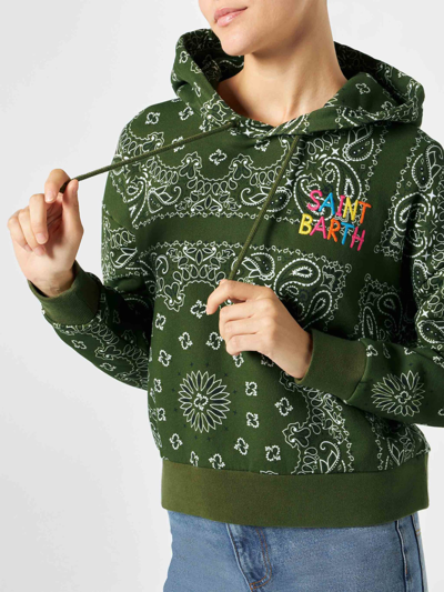 Mc2 Saint Barth Woman Hooded Fleece Sweatshirt With Bandanna Print In Green
