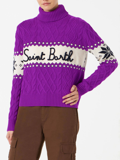 Shop Mc2 Saint Barth Woman Half-turtleneck Sweater With Saint Barth Lettering In Purple
