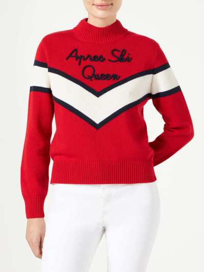 Shop Mc2 Saint Barth Woman Half-turtleneck Sweater With Apres Ski Queen Lettering In Red