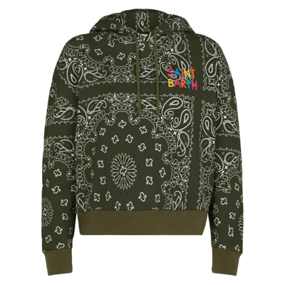 Mc2 Saint Barth Woman Hooded Fleece Sweatshirt With Bandanna Print In Green