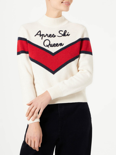 Shop Mc2 Saint Barth Woman Half-turtleneck Sweater With Apres Ski Queen Embroidery In White