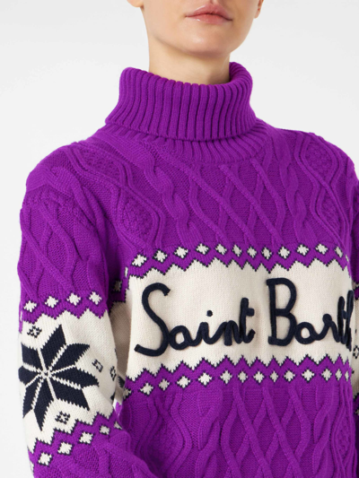 Shop Mc2 Saint Barth Woman Half-turtleneck Sweater With Saint Barth Lettering In Purple