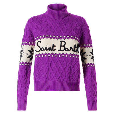 Shop Mc2 Saint Barth Woman Half-turtleneck Sweater With Saint Barth Lettering In Purple