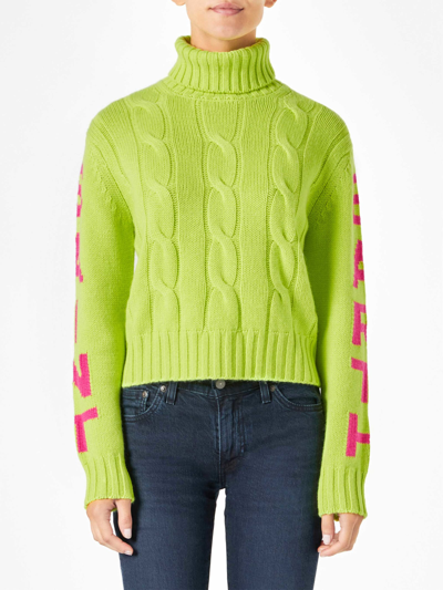 Mc2 Saint Barth Woman Fluo Yellow Turtleneck Braided Sweater In Yellow