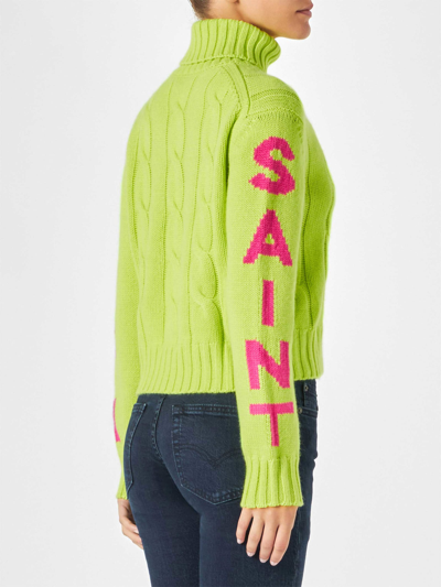 Shop Mc2 Saint Barth Woman Fluo Yellow Turtleneck Braided Sweater