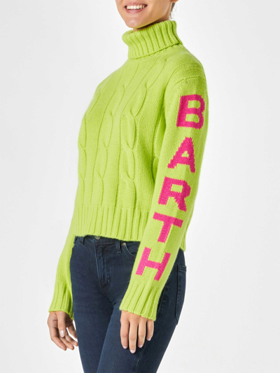 Mc2 Saint Barth Woman Fluo Yellow Turtleneck Braided Sweater In Yellow