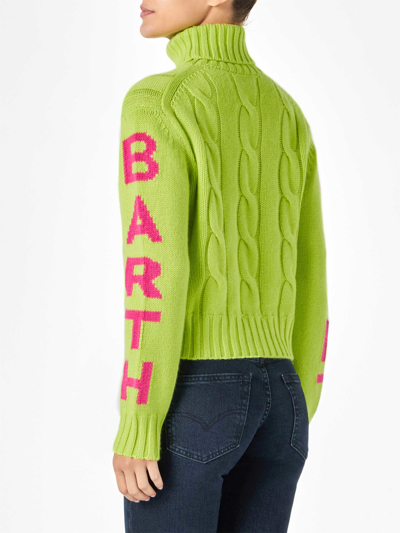 Mc2 Saint Barth Woman Fluo Yellow Turtleneck Braided Sweater In Yellow