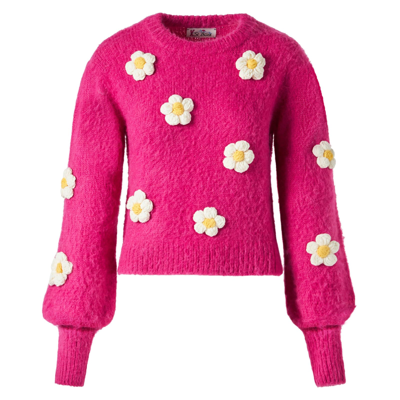 Shop Mc2 Saint Barth Woman Brushed Sweater With Crochet Flowers Appliqués In Pink