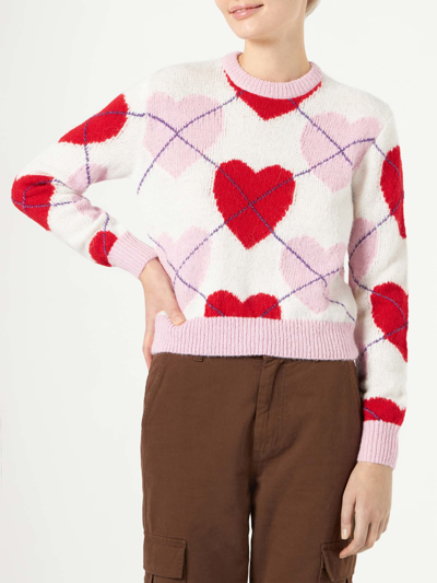 Shop Mc2 Saint Barth Woman Brushed Cropped Sweater With Heart Pattern In Multicolor