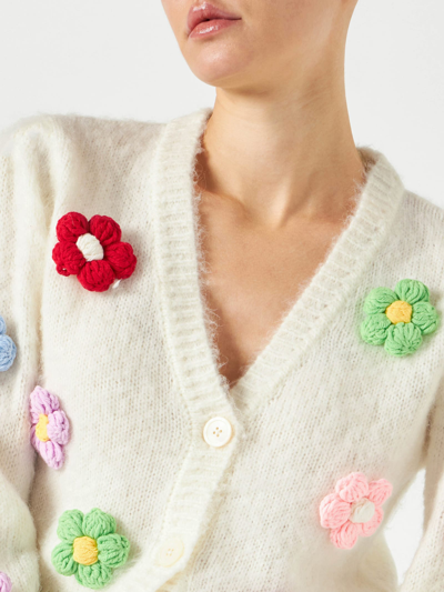 Mc2 Saint Barth Brushed Knit Crop Cardigan With Flowers In White