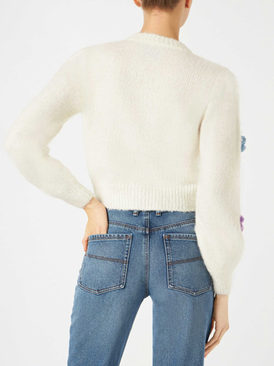 Mc2 Saint Barth Brushed Knit Crop Cardigan With Flowers In White