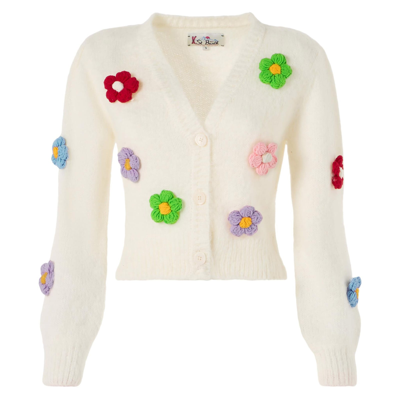 Mc2 Saint Barth Brushed Knit Crop Cardigan With Flowers In White