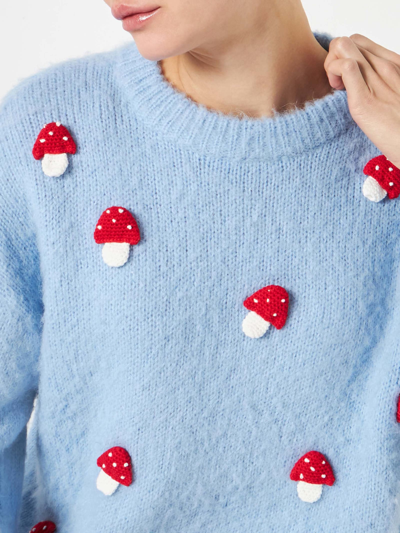 Mc2 Saint Barth Woman Brushed Crewneck Sweater With Mushroom Appliqué In Sky