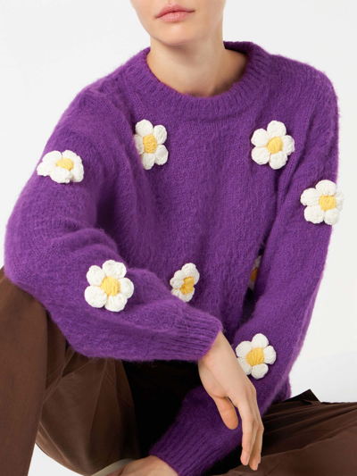 Mc2 Saint Barth Woman Brushed Crewneck Sweater With Daisy Appliqué In Purple