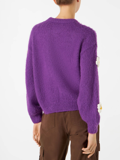 Shop Mc2 Saint Barth Woman Brushed Crewneck Sweater With Daisy Appliqué In Purple