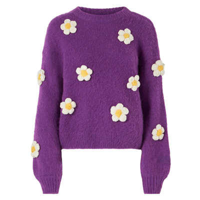 Mc2 Saint Barth Woman Brushed Crewneck Sweater With Daisy Appliqué In Purple