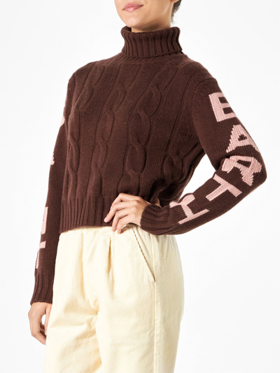 Shop Mc2 Saint Barth Woman Brown Turtleneck Braided Sweater