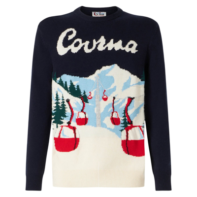 Mc2 Saint Barth Man Sweater With Courmayeur Postcard In Blue
