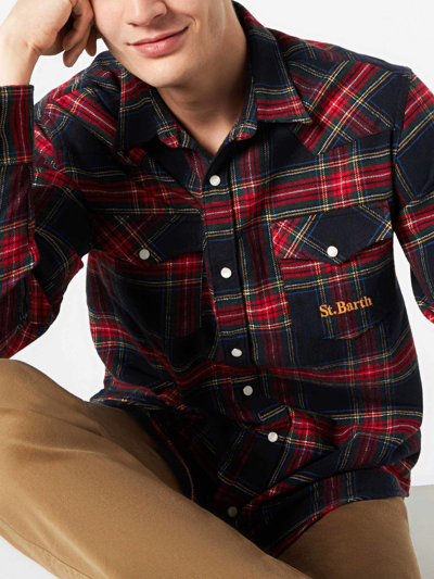 Shop Mc2 Saint Barth Man Shirt With Navy Blue Tartan