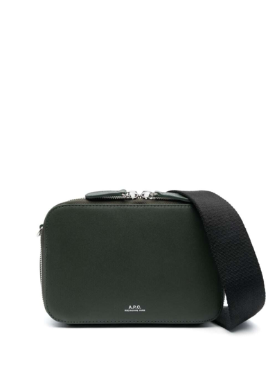Shop Apc Soho Olive Green Shoulder Bag With Embossed Logo In Smooth Learher Man