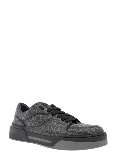 Shop Dolce & Gabbana New Roma Black Low Top Sneakers With All-over Logo Print In Canvas And Leather Man In Grey