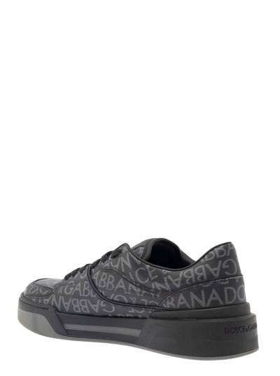 Shop Dolce & Gabbana New Roma Black Low Top Sneakers With All-over Logo Print In Canvas And Leather Man In Grey