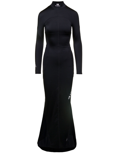 Shop Balenciaga Maxi Black Dress With Rear Cut-out And Logo Detail In Spandex Woman