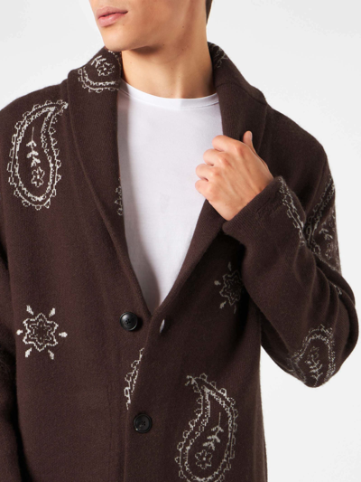Shop Mc2 Saint Barth Man Knit Jacket With Paisley Print In Brown