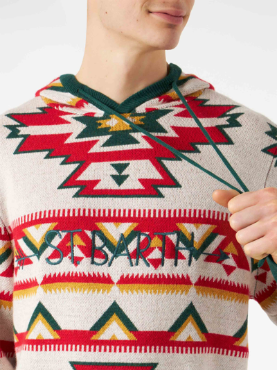 Mc2 Saint Barth Man Hooded Knit With Ethnic Pattern In White