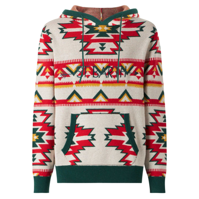 Mc2 Saint Barth Man Hooded Knit With Ethnic Pattern In White