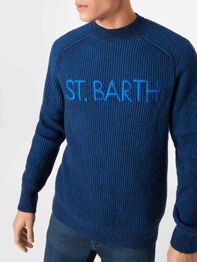 Shop Mc2 Saint Barth Man Half-turtleneck Ribbed Blue Sweater